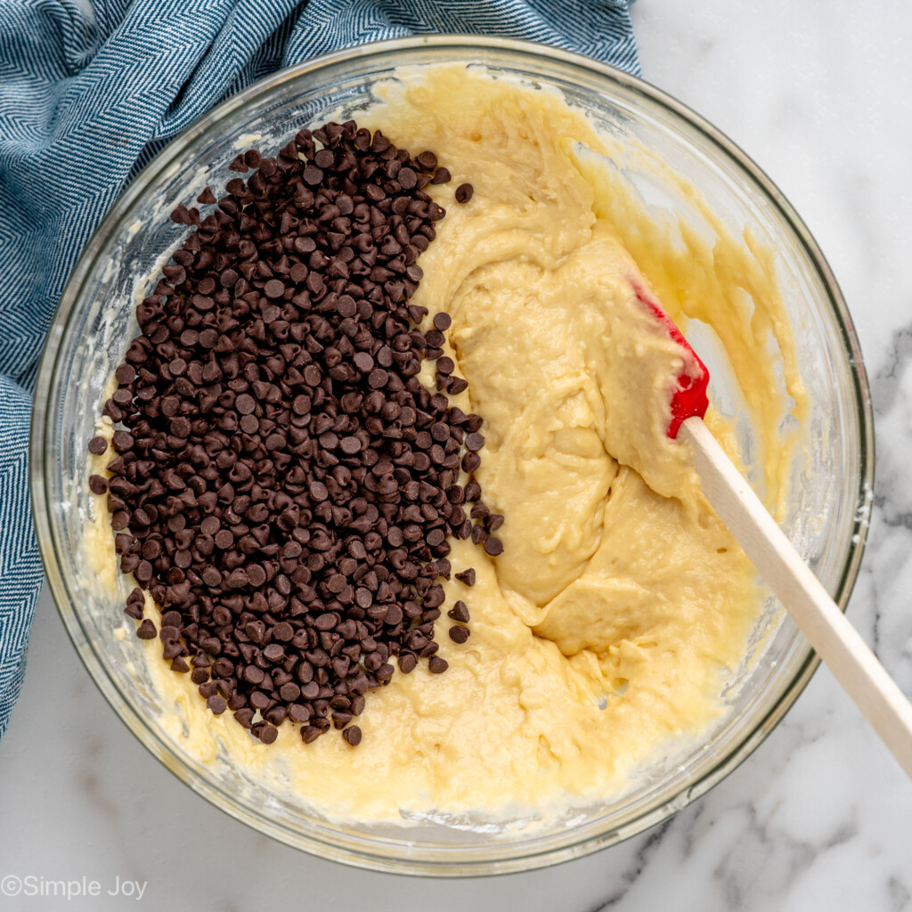 overhead of a bowl of batter with chocolate chips in it