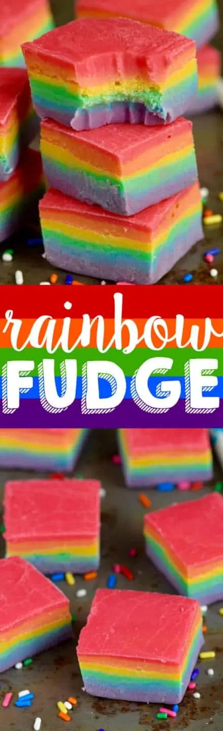 The Rainbow Fudge is on a baking sheet in cube shapes showing the distinct layers of red, orange, yellow, green, blue, and purple (in that order). 