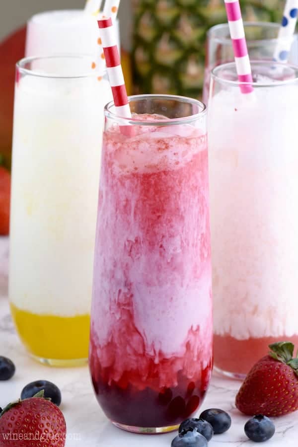 In tall glasses, the Skinny Italian Sodas has different flavoring such as strawberry and blueberry. 