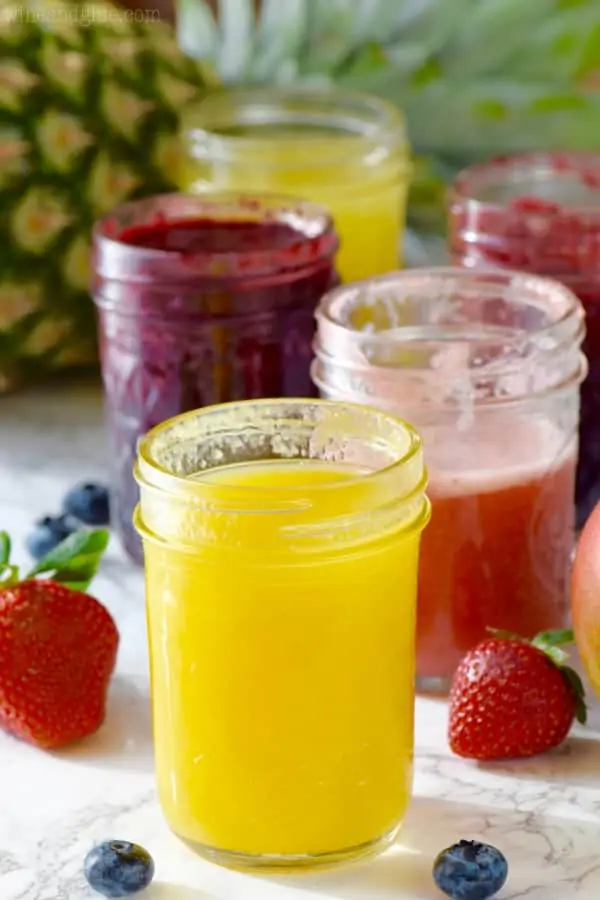In mason jars, the syrup for the Skinny Italian Sodas are different flavors (strawberry, lemon, blueberry, and more). 
