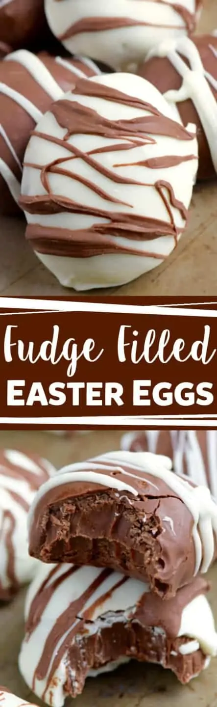 A white chocolate egg is drizzled with some milk chocolate creating a zebra stripe pattern for the Fudge Filled Easter Eggs. 