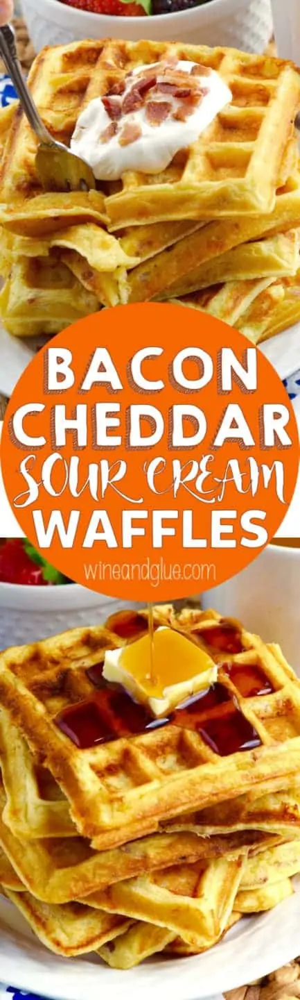 A fork digging into the Bacon Cheddar Sour Cream Waffles which has a golden brown color and topped with a dollop of sour cream and minced bacon. 