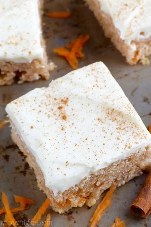 The Carrot Cake Rice Krispies has little shreds of carrot within the rice krispies and topped with a cream cheese frosting topped with cinnamon. 