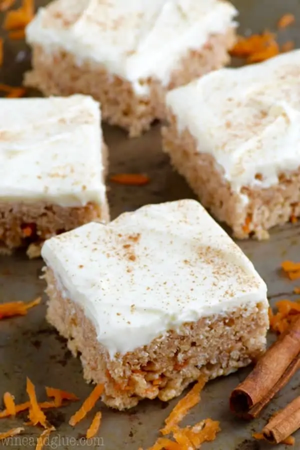 The Carrot Cake Rice Krispies has little shreds of carrot within the rice krispies and topped with a cream cheese frosting topped with cinnamon. 