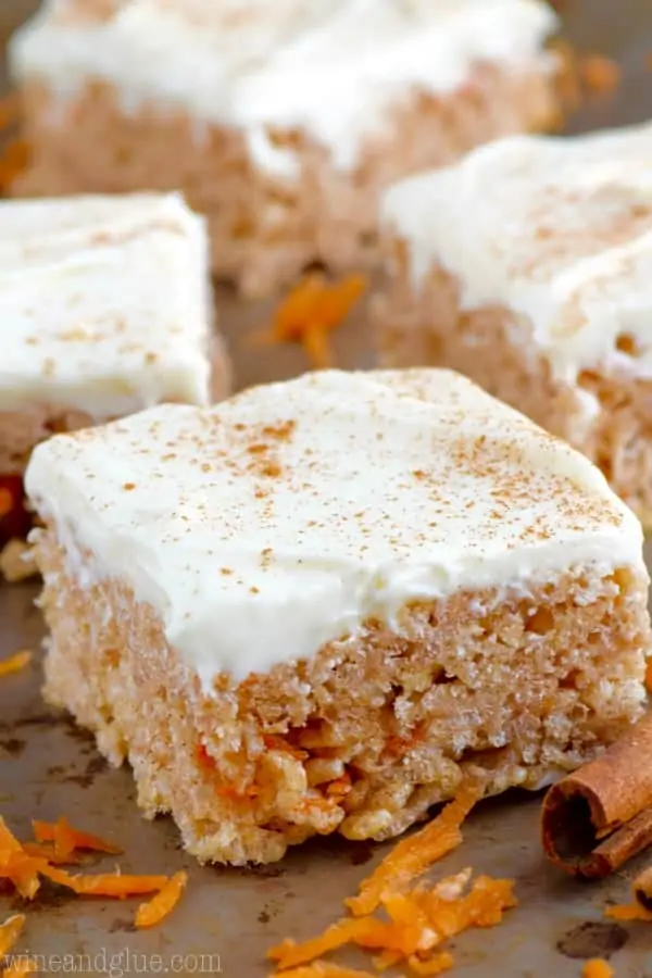 The Carrot Cake Rice Krispies has little shreds of carrot within the rice krispies and topped with a cream cheese frosting topped with cinnamon. 