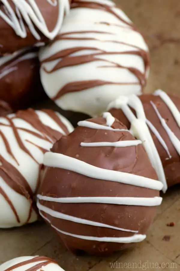 The Fudge Filled Easter Egg is covered in milk chocolate and drizzled with white chocolate to make zebra stripe patterns on the egg. 