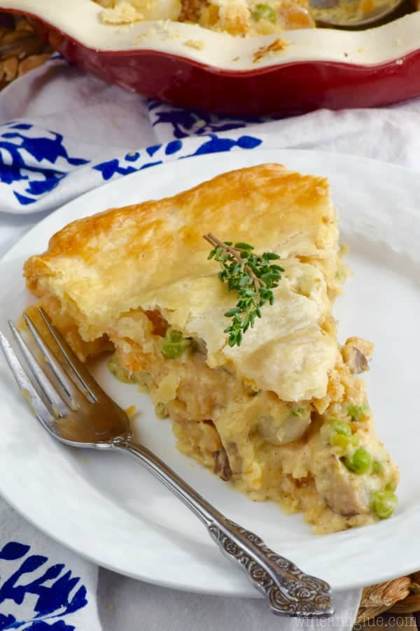 A slice of the Shrimp Pot Pie has a golden flaky crust. 