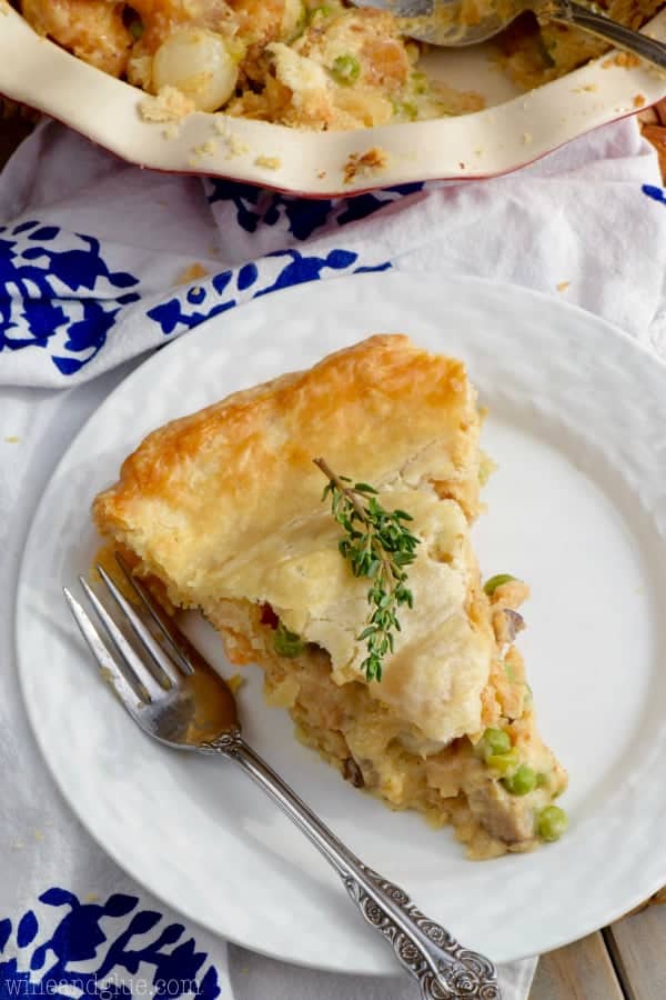 A slice of the Shrimp Pot Pie has a golden flaky crust. 