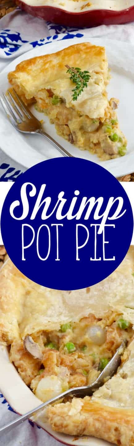 A large slice has been cut out of the Shrimp Pot Pie showing the creamy middle with peas, mushrooms, pearl onions, and shrimp. 