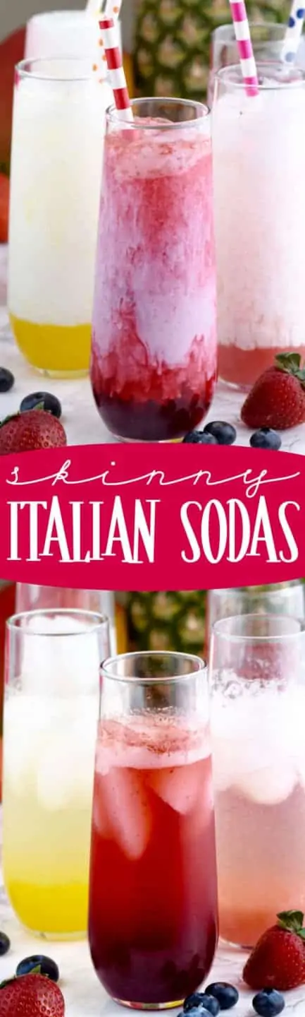 In long glasses, the Skinny Italian sodas have different flavorings of blueberry, strawberry, and lemon with some cream placed into it. 
