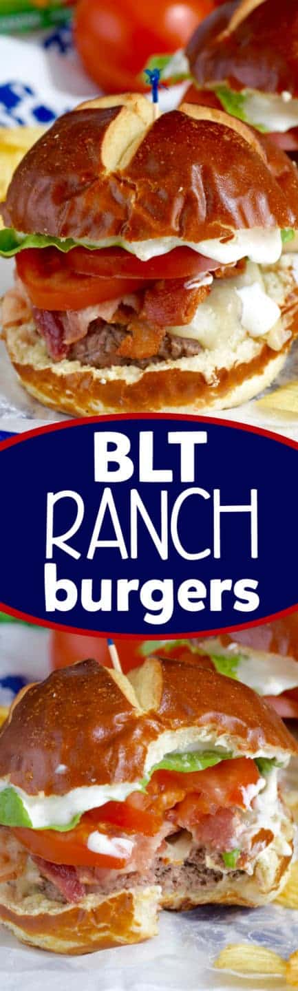 In between two pretzel buns, the BLT Ranch Burger has lettuce, tomato, bacon, melted cheese, a burger patty, and ranch oozing out with a side of potato chips. 