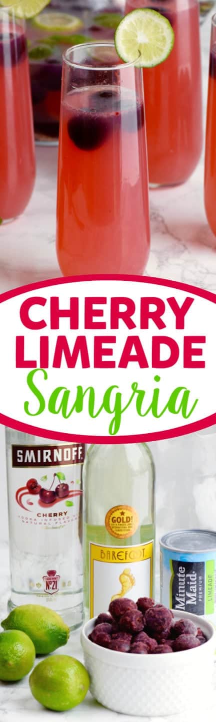 The Cherry Limeade Sangria has a pink red tint has some black cherries floating in the drink with a slice lime on the rim. 