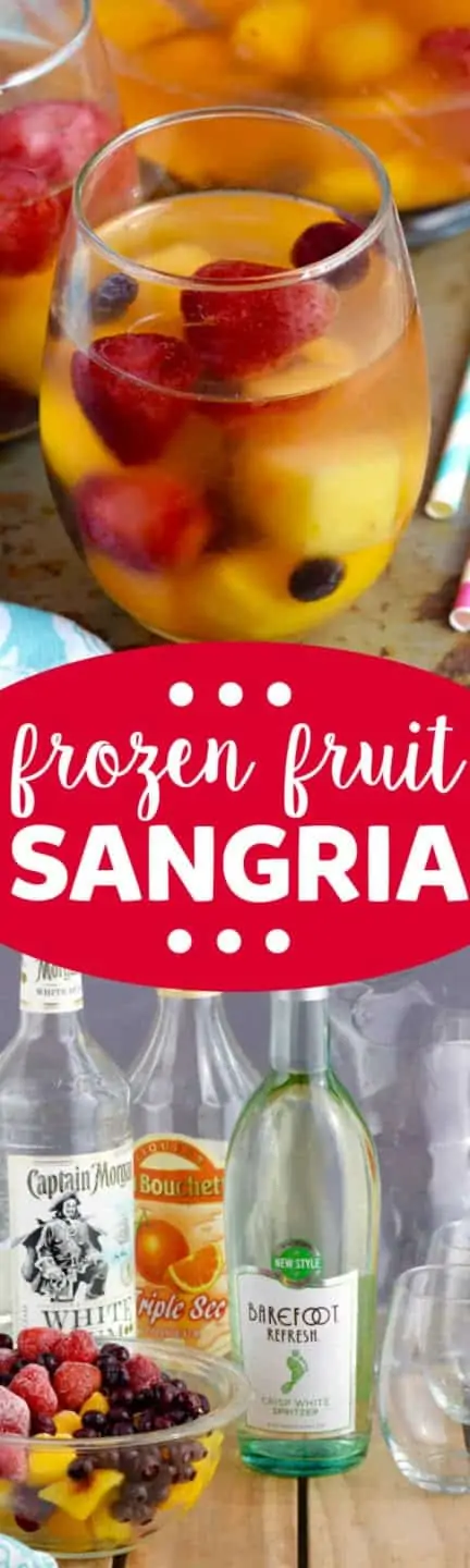 The Frozen Fruit Sangria has strawberries, mangos, cherries, and blueberries floating around the drink. 