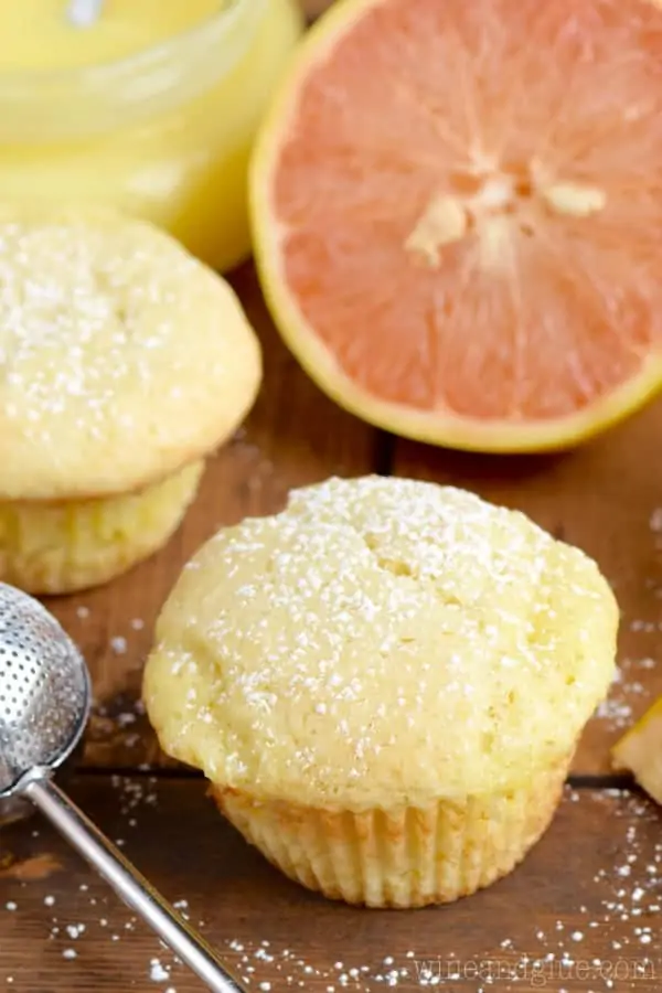 The Grapefruit Muffin has a golden yellow color sprinkled with powdered sugar. 