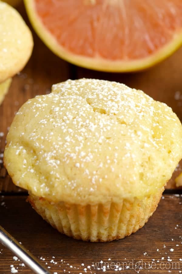 The Grapefruit Muffin has a golden yellow color sprinkled with powdered sugar. 