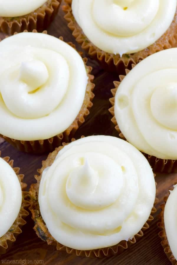 An overhead photo of the cupcakes that is swirled with the Cream Cheese Frosting