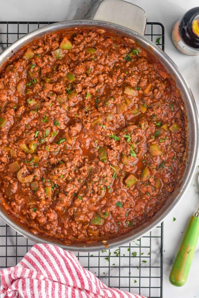 Overhead photo of filling for Italian Sloppy Joes recipe in a pot.