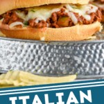 Pinterest graphic for Italian Sloppy Joes recipe. Image is close up photo of Italian Sloppy Joe sandwich served with potato chips. Text says, "Italian Sloppy Joes simplejoy.com"