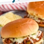 Pinterest graphic for Italian Sloppy Joes recipe. Text says, "Italian Sloppy Joes simplejoy.com." Image is overhead photo of Italian Sloppy Joe sandwich.