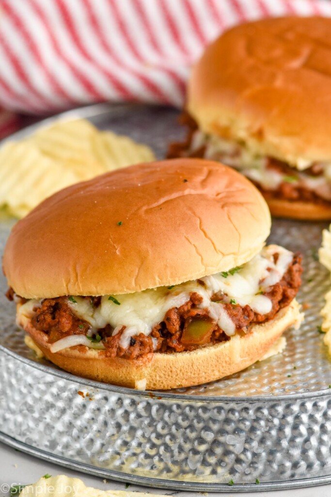 Overhead photo of Italian Sloppy Joes served with potato chips.