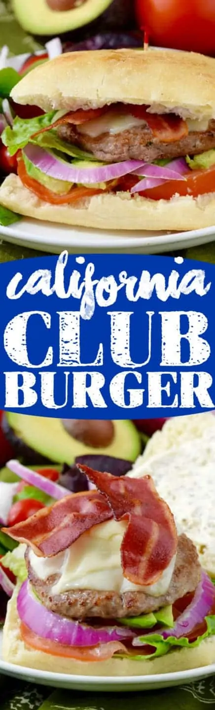 The California Club Burger is in between two ciabatta buns with turkey bacon, turkey burger, lettuce, tomatoes, avocado, and tomatoes with a side of salad. 