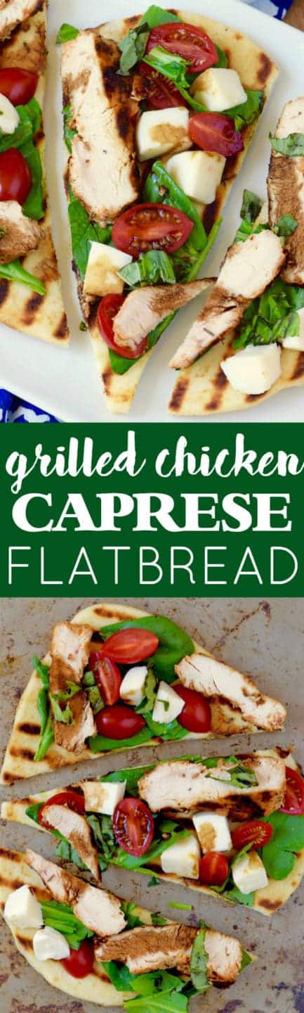 An overhead photo, three Grilled Chicken Capese Flatbread showing the grilled chicken, halved cherry tomatoes, cheese, and basil. 