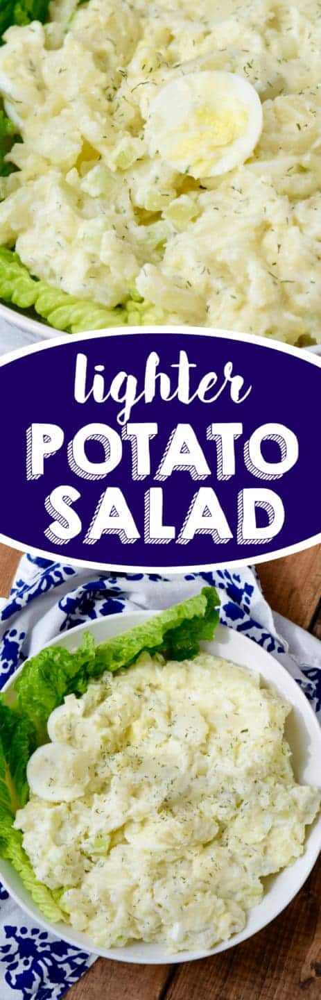 In a bowl, the Lighter Potato Salad with white onions and eggs and topped with dill. 