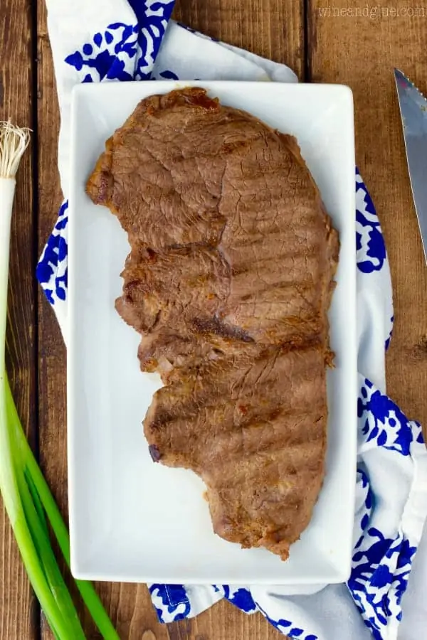 An overhead photo of the Steak with some grill marks. 