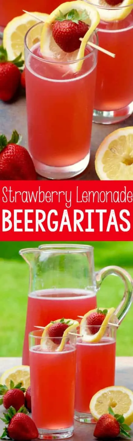 The Strawberry Lemonade Beergaritas is in in a tall glass and topped with a sliced lemon covering a strawberry in a toothpick. 