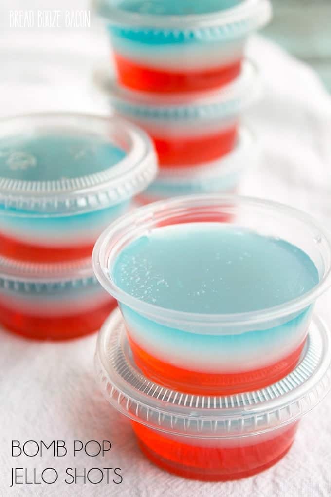 In plastic serving cups, the Bomb Pop Jello Shots has distinct layers of red, white, and blue.