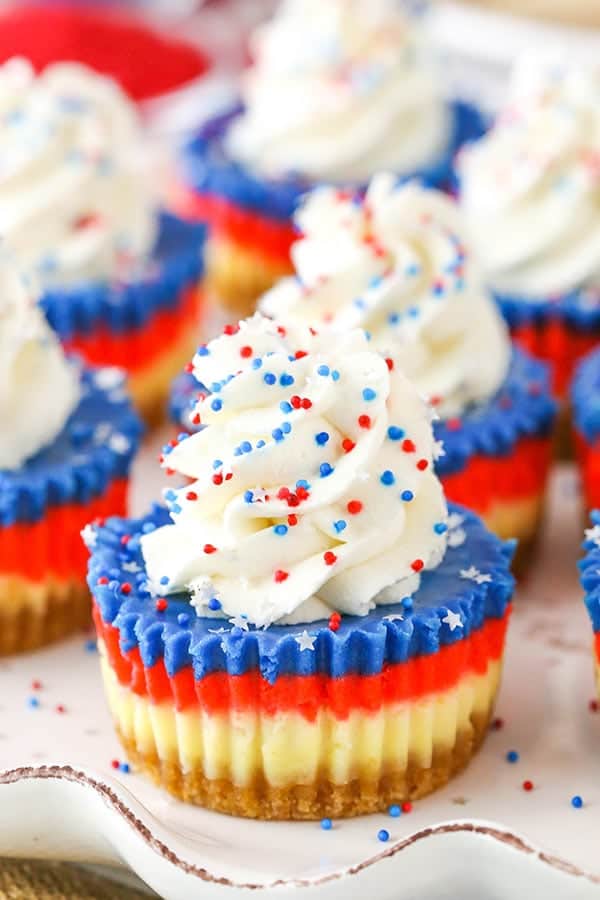 The Red, White, and Blue Mini Cheesecakes has distinct layer of a graham cracker crust, white, red, and blue cheesecake and topped with whipped cream and sprinkles. 