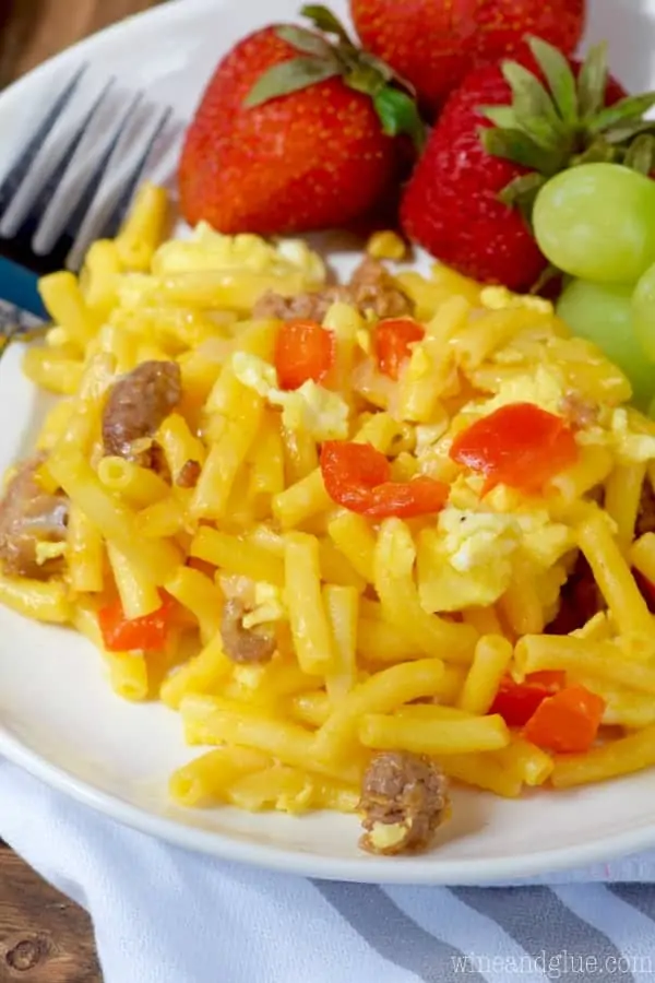 The Mac and Cheese Breakfast Casserole has chunks of sausage, red peppers, and eggs. 
