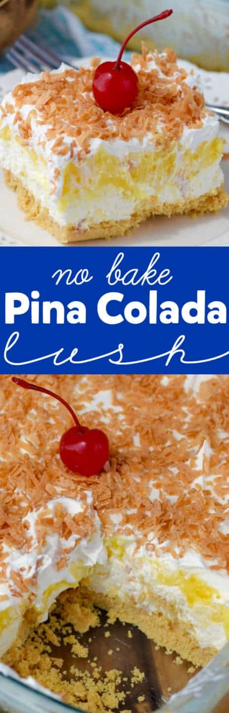 The No Bake Pina Colada Lush has a golden Oreo crust with a fluffy cream and chunks of pineapples for a middle and topped with roasted coconuts. 