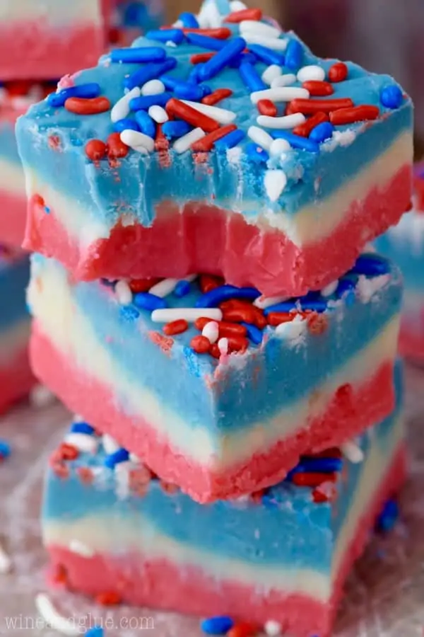 The Red, White, and Blue Fudge has the distinct colored layers and topped with red, white, and blue sprinkles. 