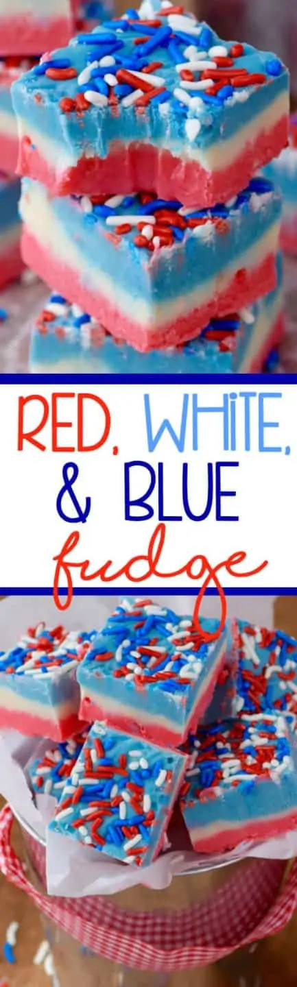 The Red, White, and Blue Fudge are stacked on top of each other and has the distinct colored layers and topped with red, white, and blue sprinkles. 