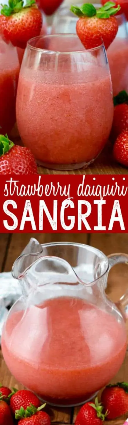 In a wine glass, the Strawberry Daiquiri Sangria has a slushy like consistency with a red coloring. 