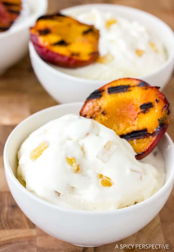 The Ginger Ice Cream has candied ginger and garnished with a grilled peach. 