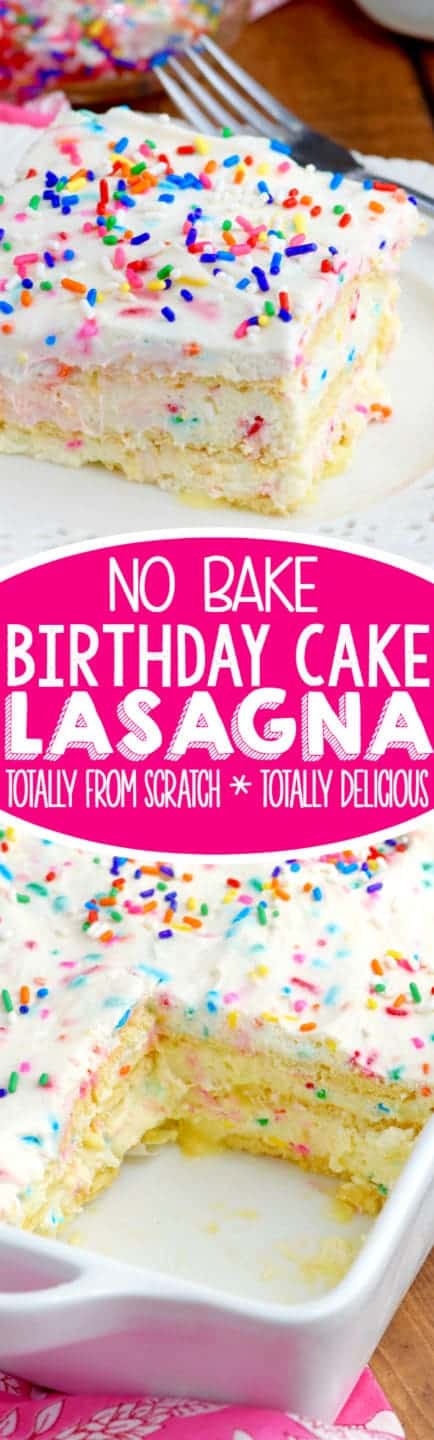 The No Bake Birthday Cake Lasagna has a pudding like texture middle speckled in between crackers with colors and on top with frosting and rainbow sprinkles. 