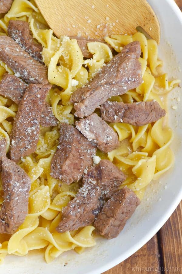 An overhead photo of the Five Ingredient Beef Stroganoff sprinkled with parmesan. 