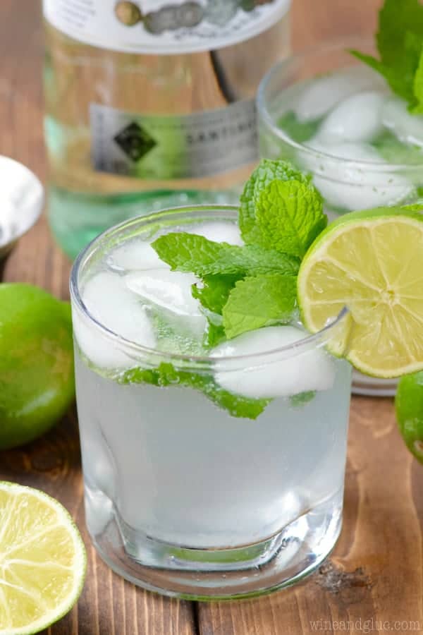 The Simple Mojito is in glass with ice cubes and garnished with mint leave and a slice of lime on it rim. 