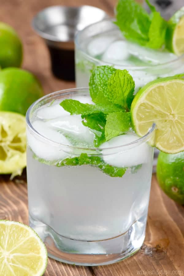 The Simple Mojito is in glass with ice cubes and garnished with mint leave and a slice of lime on it rim. 
