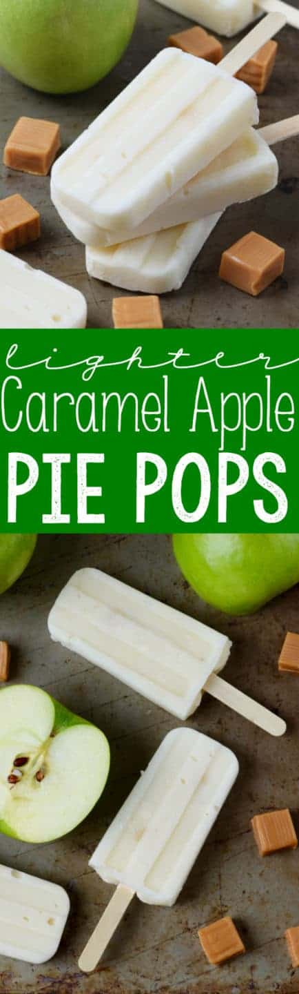 On a baking sheet, the Lighter Caramel Apple Pipe Pops are surrounded by Green apples and caramel cubes. 