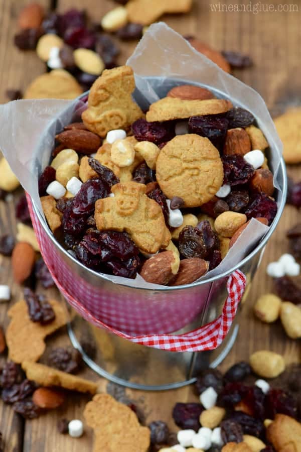 In a bucket, the S'mores Trail Mix has different shaped graham crackers, mini marshmallows, mini chocolate chips, dried cranberries, almonds, raisins, and peanuts. 