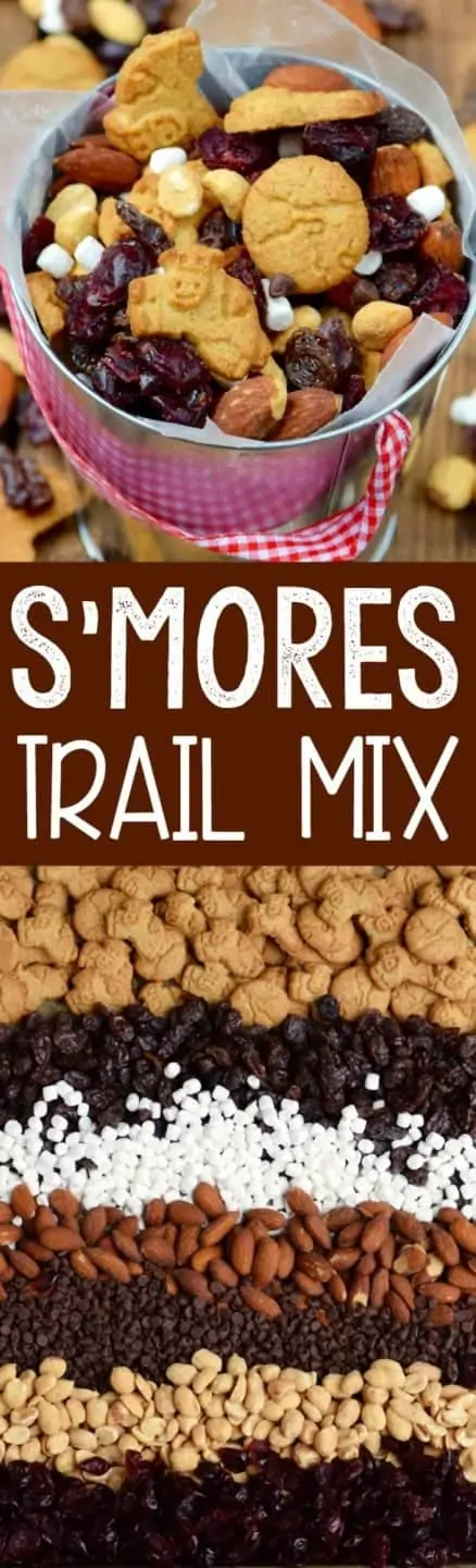 In a bucket, the S'mores Trail Mix has different shaped graham crackers, mini marshmallows, mini chocolate chips, dried cranberries, almonds, raisins, and peanuts. 