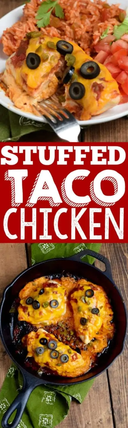 In a cast iron skillet, three Stuffed Taco Chickens are fully cooked with melted cheddar cheese, black olives, and minced jalapenos. 