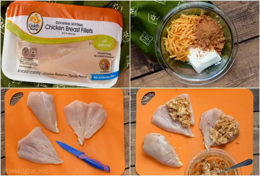 A collage of photos on how to create the Stuffed Taco Chicken. The cheese, the cream cheese, and taco seasoning is mixed together. The chicken breast is butterflied which allows dollops of the filling to be placed inside. 