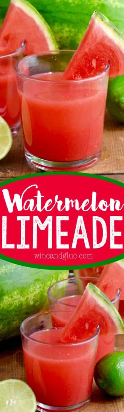 In a glass, the Watermelon Limeade has a red color and a slice of watermelon on the rim. 