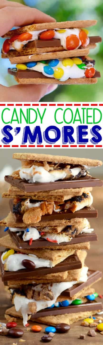 A two stacked Candy Coated S'mores with M&M as in the melted marshmallow. 