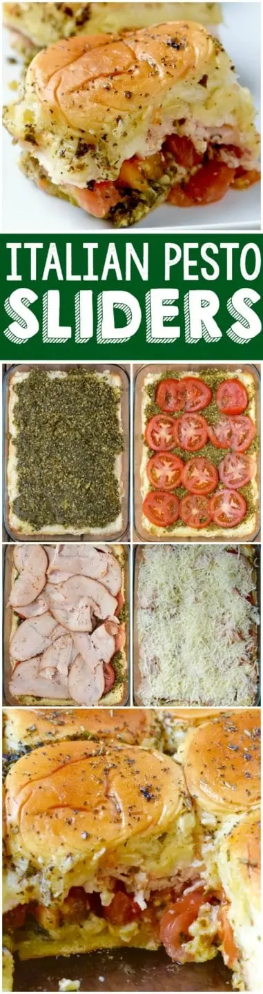 On a white plate, the Italian Pesto Slides are in a straight line speckled with the pesto and tomatoes are spewing out.