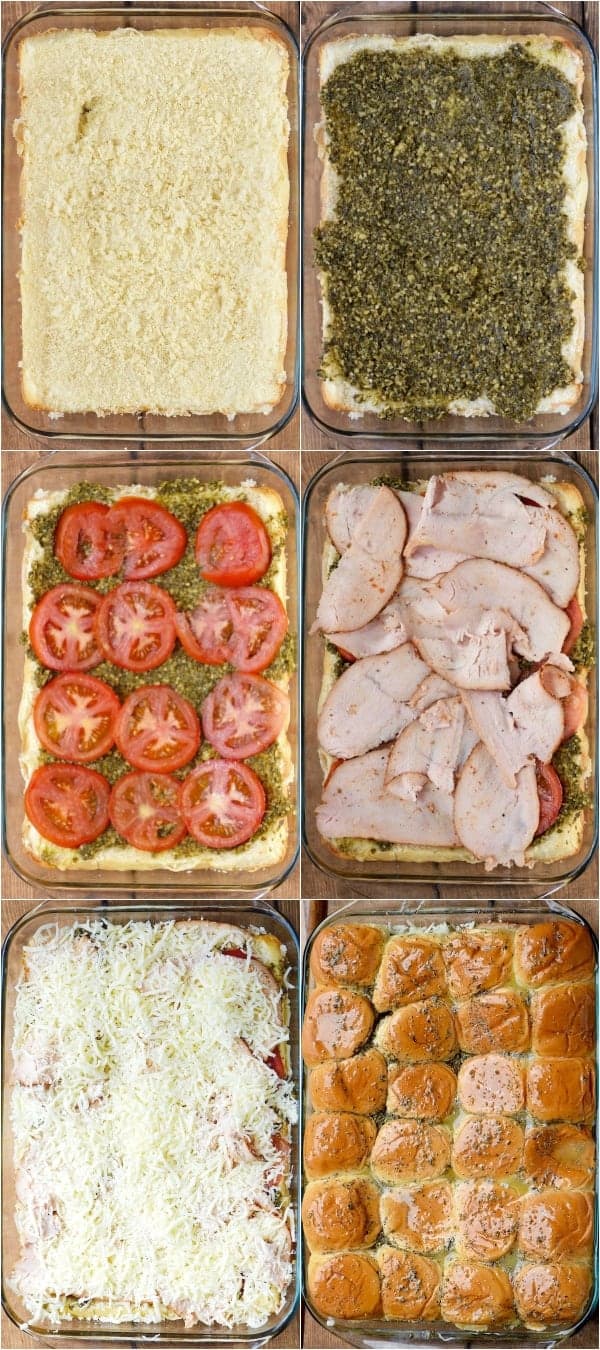 A collage on how to create the Italian Pesto Sliders. First, half of the buns are in the casserole dish and then in this order, the pest, tomatoes, turkey, cheese, and the top buns are put on. 